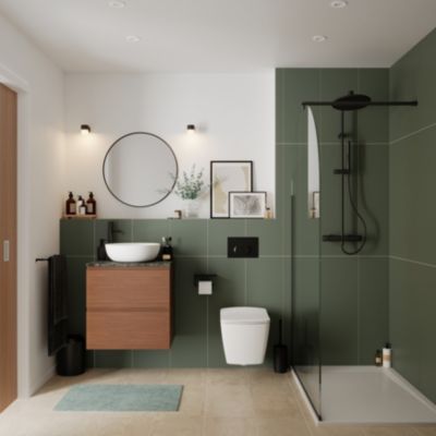 Meuble de salle de bains Kentia l.60 cm effet noyer avec plan de toilette Cadélia effet marbre vert