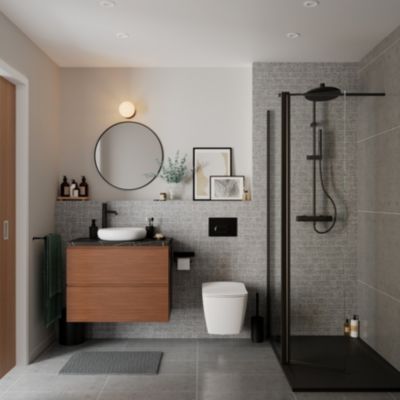 Meuble de salle de bains Kentia l.80 cm effet noyer avec plan de toilette Cadélia effet marbre noir