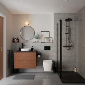 Meuble de salle de bains Kentia l.80 cm effet noyer avec plan de toilette Cadélia effet marbre noir