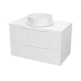 Meuble de Salle de Bains LEON 80cm Blanc Neige - 2 Tiroirs en MDF Ondules - Vasque Ronde 36cm