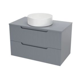 Meuble de Salle de Bains LEON 80cm Gris - 2 Tiroirs en MDF Ondules - Vasque Ronde 36cm