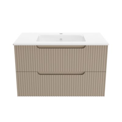 Meuble de Salle de Bains LEON 80cm Marron Glace - 2 Tiroirs en MDF Ondulés - Vasque à encastrer