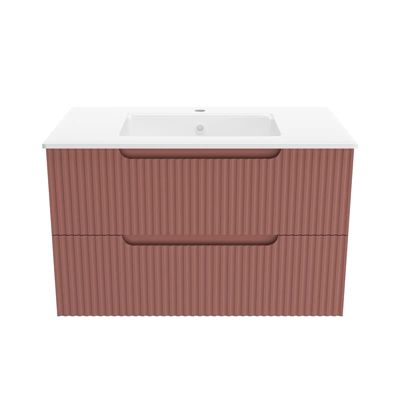 Meuble de Salle de Bains LEON 80cm Terracotta - 2 Tiroirs en MDF Ondulés - Vasque à encastrer