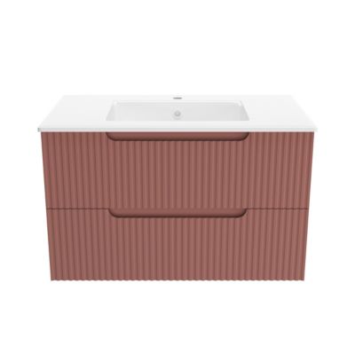 Meuble de Salle de Bains LEON 80cm Terracotta - 2 Tiroirs en MDF Ondulés - Vasque à encastrer