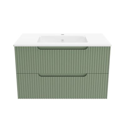 Meuble de Salle de Bains LEON 80cm Vert Olive - 2 Tiroirs en MDF Ondulés - Vasque à encastrer