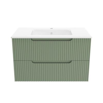 Meuble de Salle de Bains LEON 80cm Vert Olive - 2 Tiroirs en MDF Ondulés - Vasque à encastrer