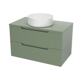 Meuble de Salle de Bains LEON 80cm Vert Olive - 2 Tiroirs en MDF Ondules - Vasque Ronde 36cm