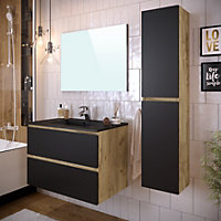 Meuble de salle de bains sous vasque à suspendre L.80 cm noir mat Milenio + plan vasque en résine noire + miroir