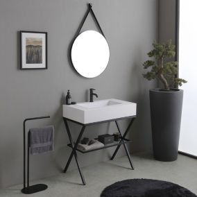 Meuble de salle de bains sur pied 80cm avec lavabo en résine et miroir rond - manchester