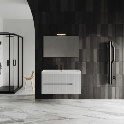 Meuble De Salle De Bains Suspendu 100Cm Avec Façade Blanche Brillante Cannelée Et Miroir Cortina