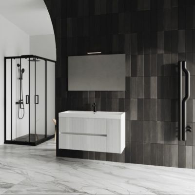 Meuble De Salle De Bains Suspendu 100Cm Avec Façade Blanche Brillante Cannelée Et Miroir Cortina