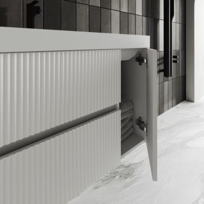 Meuble De Salle De Bains Suspendu 100Cm Avec Façade Blanche Brillante Cannelée Et Miroir Cortina