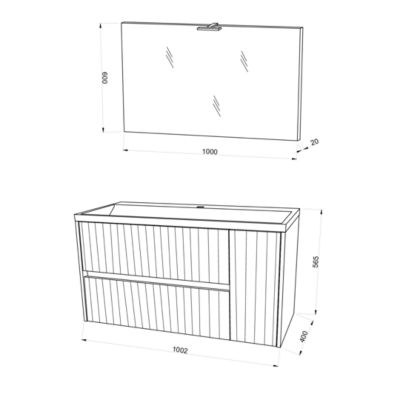 Meuble De Salle De Bains Suspendu 100Cm Avec Façade Blanche Brillante Cannelée Et Miroir Cortina