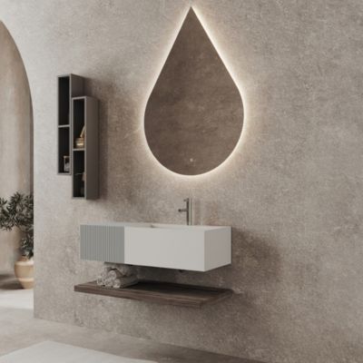 Meuble De Salle De Bains Suspendu 100Cm Avec Lavabo En Résine Blanc 60Cm, Tiroir Et Miroir Goutte - Rodi