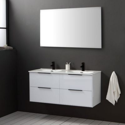 Meuble Salle De Bain Kiamami 120cm - Blanc Brillant - Double Vasque - 2 Tiroirs - Série Benaco