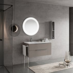 Meuble de salle de bains suspendu 120cm avec 2 tiroirs gris frêne, lavabo en céramique, miroir rond à led - new york