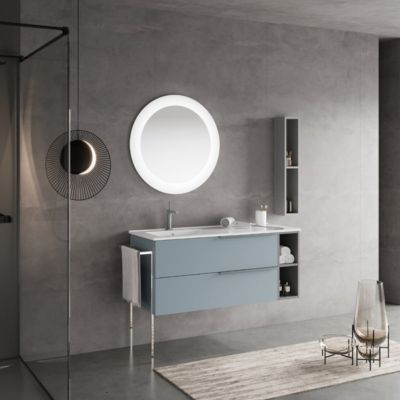 Meuble De Salle De Bains Suspendu 120Cm Bleu Ciel Mat Avec Lavabo Décentré Et Miroir Rond - New York