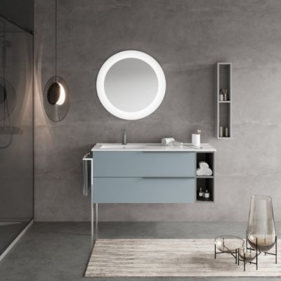 Meuble De Salle De Bains Suspendu 120Cm Bleu Ciel Mat Avec Lavabo Décentré Et Miroir Rond - New York