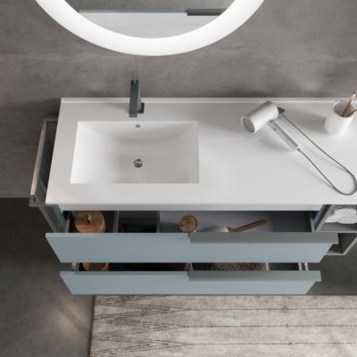 Meuble De Salle De Bains Suspendu 120Cm Bleu Ciel Mat Avec Lavabo Décentré Et Miroir Rond - New York
