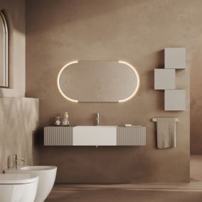 Meuble de salle de bains suspendu 140cm gris perle et blanc avec miroir ovale à led - rodi