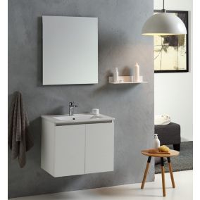 Meuble de salle de bains suspendu 60cm blanc forêt avec lavabo et miroir - vinci