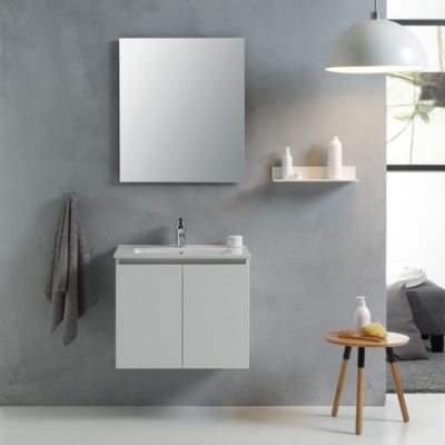 Meuble de salle de bains suspendu 60cm blanc forêt avec lavabo et miroir - vinci