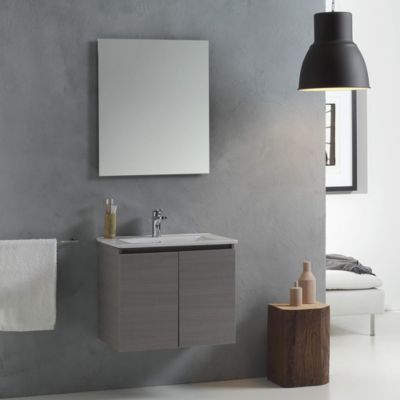 Meuble de salle de bains suspendu 60cm gris, complet avec lavabo et miroir - vinci