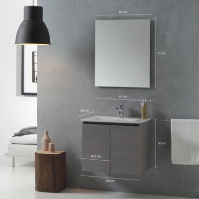 Meuble de salle de bains suspendu 60cm gris, complet avec lavabo et miroir - vinci