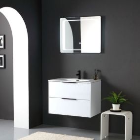 Meuble de salle de bains suspendu 75 cm blanc brillant avec lavabo en résine et miroir led tactile - parigi