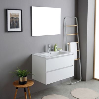 Meuble De Salle De Bains Suspendu 80Cm Blanc Avec Lavabo En Céramique Et Miroir - Bilbao