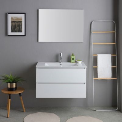 Meuble De Salle De Bains Suspendu 80Cm Blanc Avec Lavabo En Céramique Et Miroir - Bilbao
