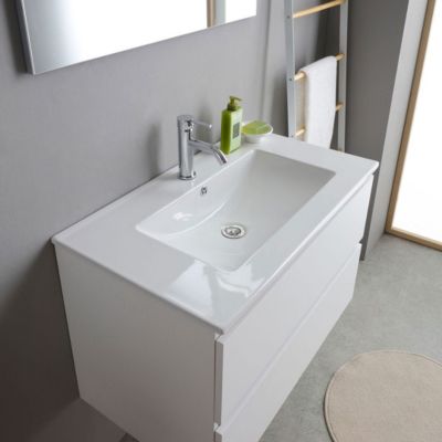 Meuble De Salle De Bains Suspendu 80Cm Blanc Avec Lavabo En Céramique Et Miroir - Bilbao