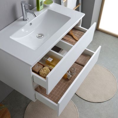 Meuble De Salle De Bains Suspendu 80Cm Blanc Avec Lavabo En Céramique Et Miroir - Bilbao