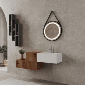 Meuble de salle de bains suspendu de 140cm en chêne doré et miroir rond avec lacet en éco-cuir et éclairage led - rodi