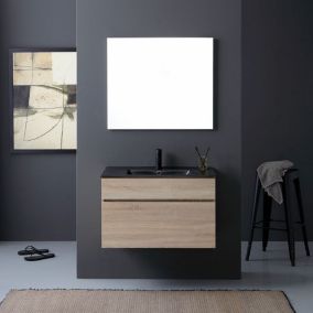 Meuble de salle de bains suspendu en imitation bois de 90 cm avec lavabo noir et miroir sole.