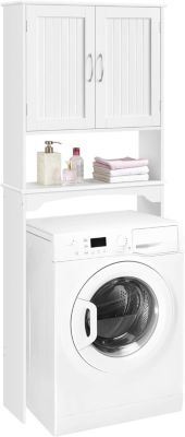Meuble Dessus de Toilette/Machine a Laver sur Pied Blanc avec 2 Etageres Reglables + 1 Compartiment Ouvert