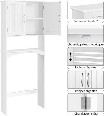 Meuble Dessus de Toilette/Machine a Laver sur Pied Blanc avec 2 Etageres Reglables + 1 Compartiment Ouvert