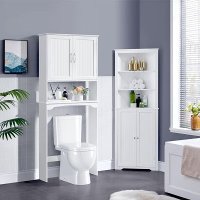 Meuble Dessus de Toilette/Machine a Laver sur Pied Blanc avec 2 Etageres Reglables + 1 Compartiment Ouvert