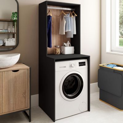 Meuble dessus machine à laver avec penderie WALLIS noir et bois façon hêtre