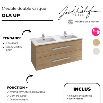 Meuble double vasque 120 cm JACOB DELAFON Ola up + colonne de salle de bain chêne