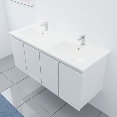 Meuble double vasque 120 cm PROLINE- Blanc- Plan vasque en Céramique
