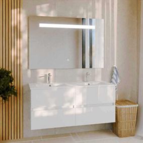 Meuble double vasque 120 cm ROSALY avec miroir Elégance ht80- Blanc- Plan vasque en Céramique