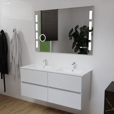 Meuble double vasque 120 cm ROSALY avec miroir Excellence- Blanc- Plan vasque en Céramique