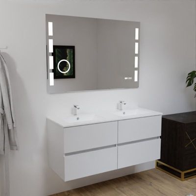 Meuble double vasque 120 cm ROSALY avec miroir Excellence- Blanc- Plan vasque en Céramique