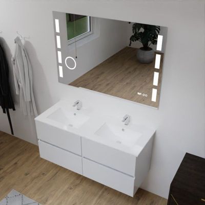 Meuble double vasque 120 cm ROSALY avec miroir Excellence- Blanc- Plan vasque en Céramique