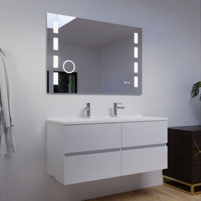 Meuble double vasque 120 cm ROSALY avec miroir Excellence- Blanc- Plan vasque en Résine