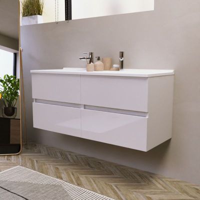 Meuble double vasque 120 cm ROSALY- Blanc- Plan vasque en Résine