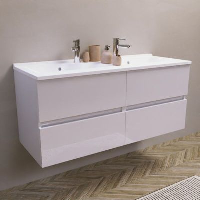 Meuble double vasque 120 cm ROSALY- Blanc- Plan vasque en Résine