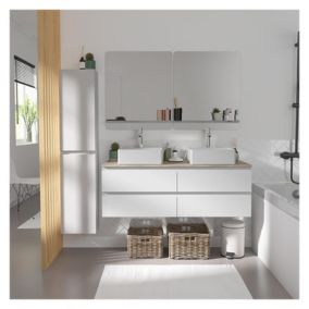 Meuble double vasque 120cm avec plan bois SORRENTO Blanc+vasque+rob+miroir+co