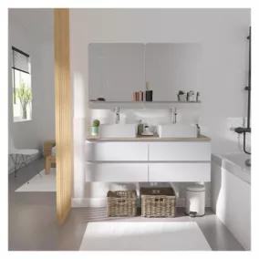Meuble double vasque 120cm avec plan bois SORRENTO Blanc+vasque+robinet+miroir
